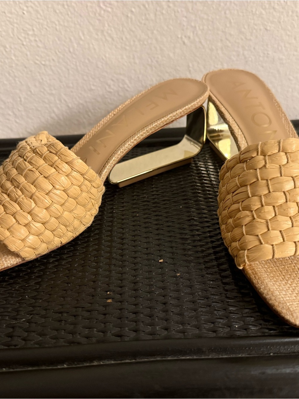 ANTONIO MELANI Woven Tan Slide Mules with Gold Block Heel